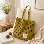 Yellow-green grid tote bag - Image 3
