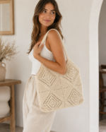 Milky white crochet patterned bag - Image 2